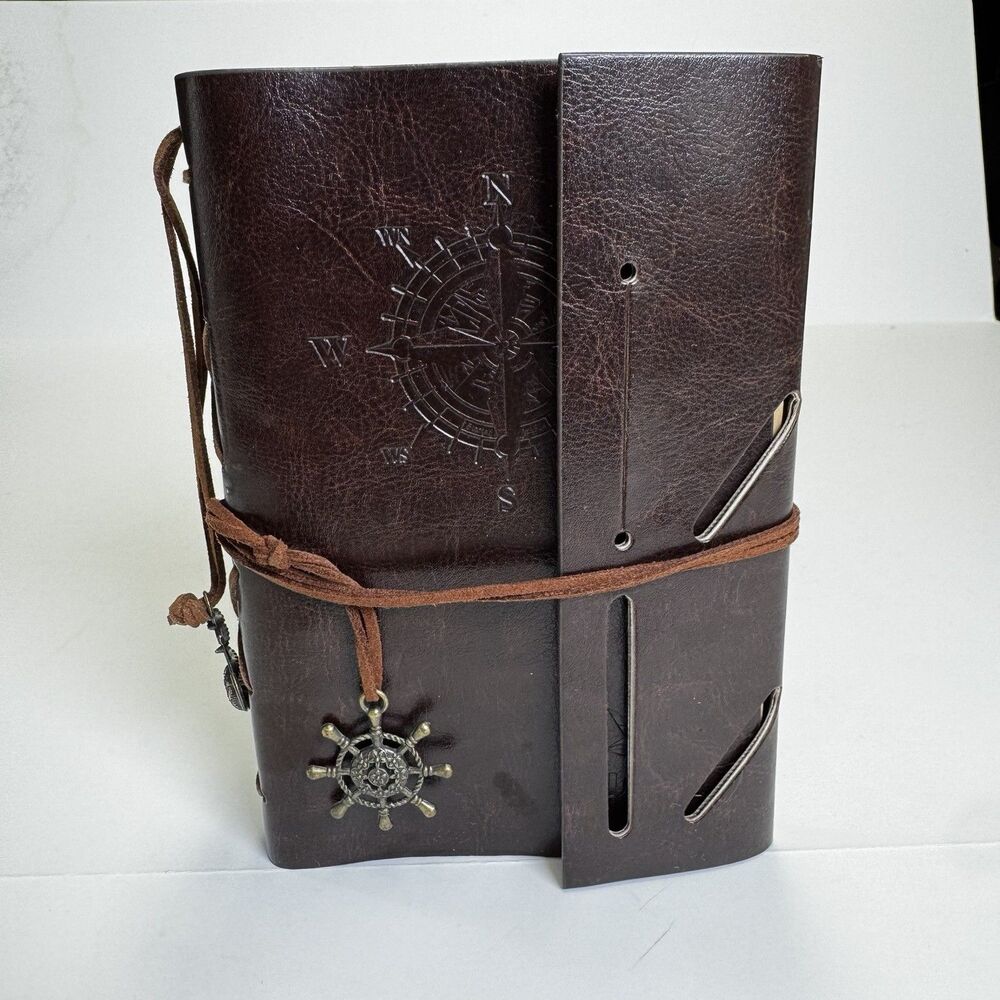 Wanderlust Embossed Leather Brown Writing Journal Notebook with Nautical Charms